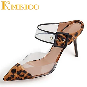 

Kmeoo 2020 Women Transparent Stiletto Buckle Shoes Pointed Toe High Heel Slide Sandals Slip on Clogs Mules Pary Evening Ladies S