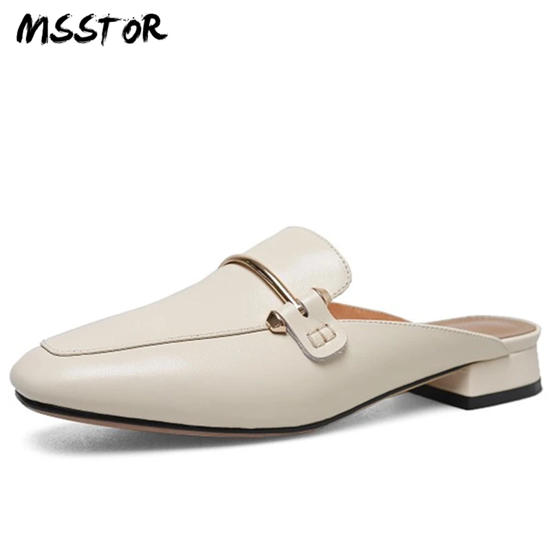

MSSTOR Metal Decoration Off White Women Shoes 2018 Fashion Genuine Leather Mules Shoes Women Square Toe Slippers Women Summer