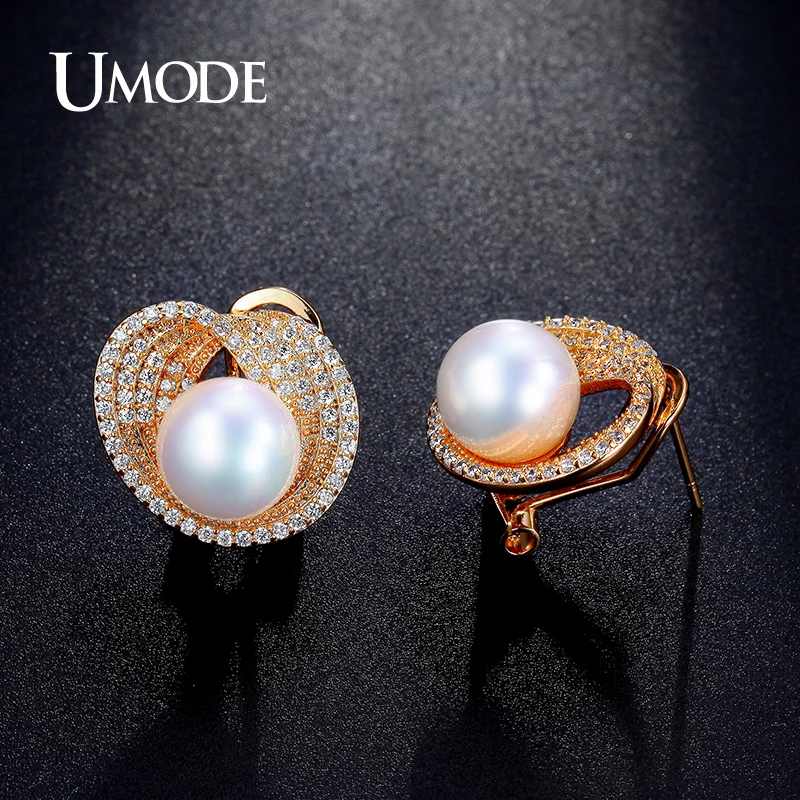 UMODE Luxury Fashion Jewelry For Women Gold Color 10mm Shell Powder Synthetic Pear Stud Earrings Femel Accessories AUE0189A