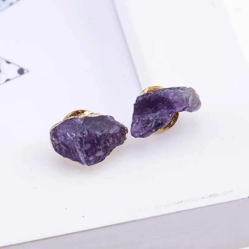 

Popular Gold Plated Irregular Shape Stone Natural Purple Amethysts Quartz Earrings For Women Designs Jewelry
