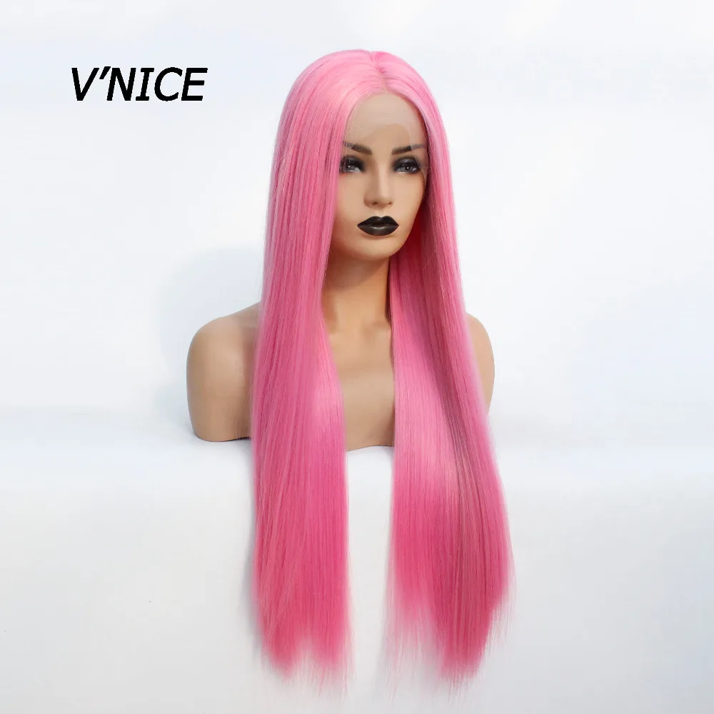 

V'NICE Pink Lace Front Wig 3*13 Swiss Lace Natural Glueless Heat Resistant Straight Synthetic Wigs for Black Women