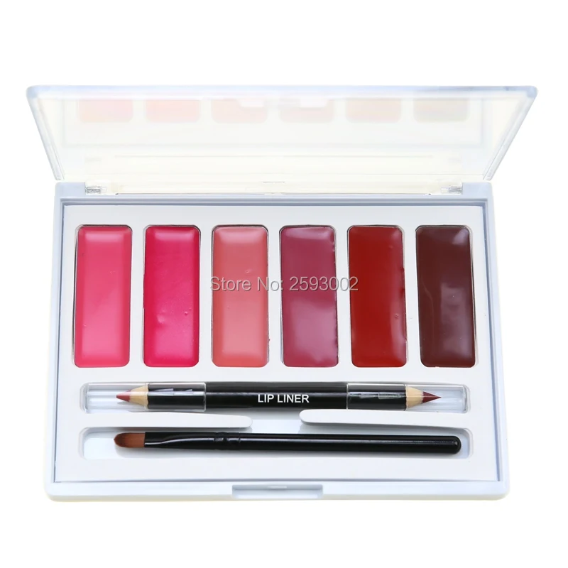 

2016 New High Quality 6 Colors Lip Gloss Palette Makeup Lipstick Palette With Double Lip Liner 1 Lip Brush