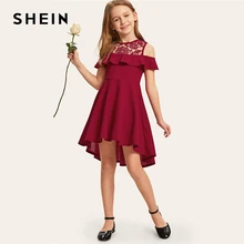 SHEIN/детское гипюровое кружевное праздничное платье с открытыми плечами и рюшами для девочек г., летнее милое расклешенное платье трапециевидной формы с рукавами-крылышками для детей