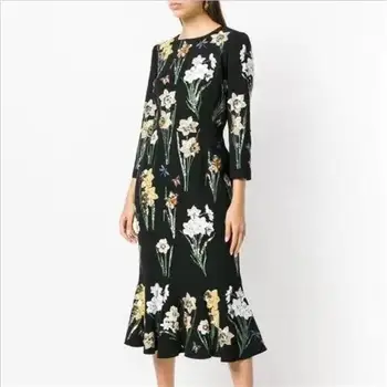 

Women Runway Dress 2019 High Quality Spring Summer O-Neck Long Sleeve Print Slim Elegant Mermaid Dresses NP0138N