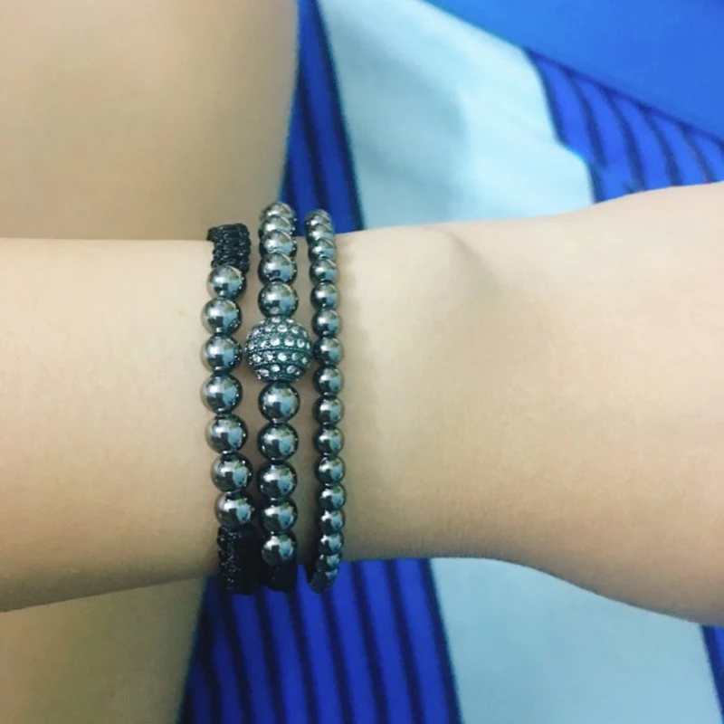 Bracelet Jewelry 3Pcs/Sets Men Bracelets Bangle Set 8mm Black CZ Ball 4/5mm Copper Beads Braiding Macrame Bracelet Sets