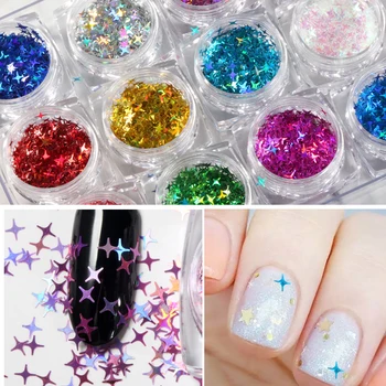 

12jar/set Cross Star Glittes Holo Four Angle Star Nail Glitter Mixes Nail Sequins Holographic Glitter Nail Art Decorations DIY