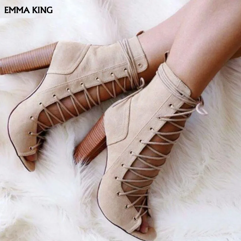 

2019 New Peep Toe Lace-up Ankle Boots Cut-out Chunky Heel Gladiator Sandals For Women Thick High Heels Boots Pink Black Beige
