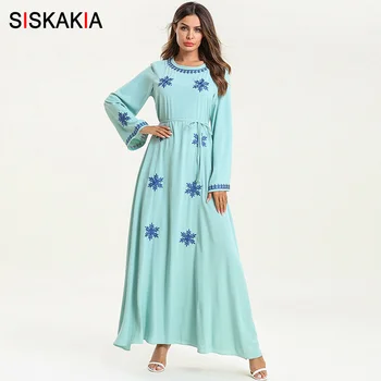 

Siskakia Snowflake Embroidery Maxi Long Dress Green Round Neck Long Sleeve Draped Swing Muslim Clothes UAE Dubai Arab Slim Sash