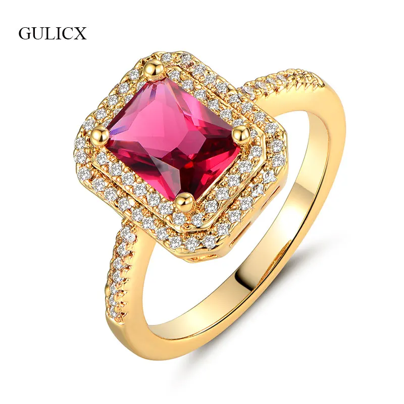 GULICX Exquisite Gold-color Wedding Rings For Women Square Red Stone Cubic Zircon Female Finger Engagement Jewelry GLR306 | Украшения и
