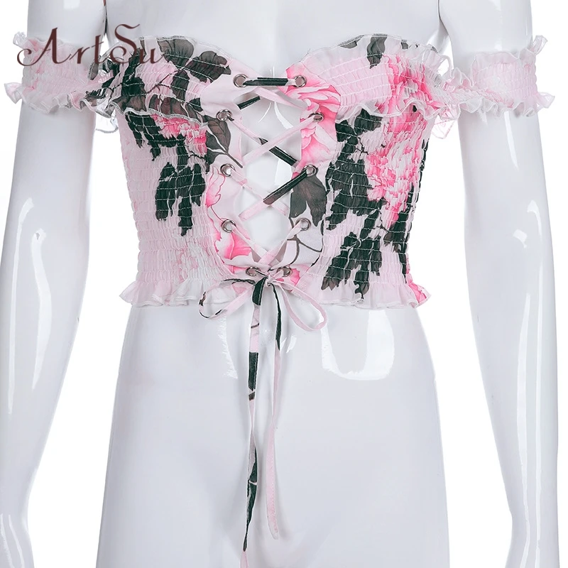 ArtSu богемные принтованные футболки топы с открытыми плечами для женщин рюшами на шнуровке Сексуальная футболка тройник короткий топ пляж Бохо Лето ASTS20992 - Цвет: Розовый