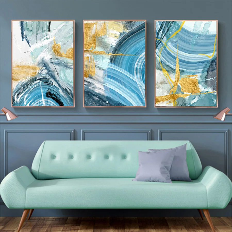 

Hand Painted Abstract Geometry Canvas Pop Art Oil Paintings Nordic Blue Gold Posters and Prints Wall Art Pictures for Bedroom De