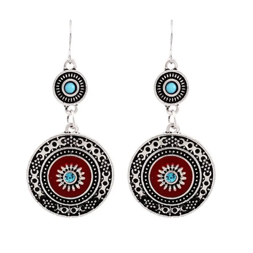 

2018 New Vintage Hollow Round Pendant Hollow Enamel Flower Pattern Sweet Dangle Earrings Lady Girls Flower Earrings Boho Style