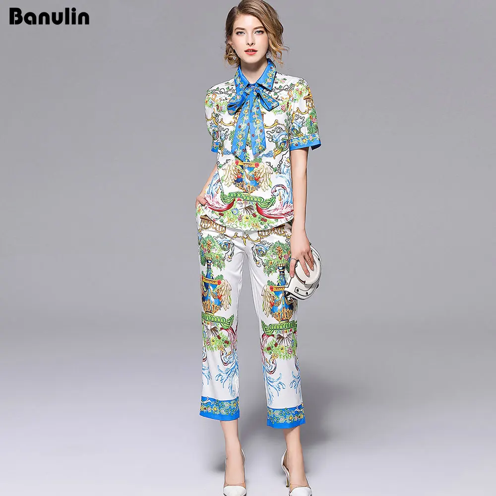 

Banulin Fashion Runway Designer Suit Set Women's Short Sleeve Retro Pattern Print Cardigan Top Pencil Pants Set 2 Piece Sets