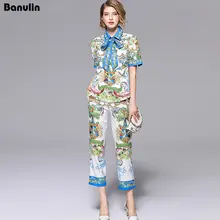 Banulin Fashion Runway Designer Suit Set Women's Short Sleeve Retro Pattern Print Cardigan Top Pencil Pants Set 2 Piece Sets top quality 2017 autumn winter women sexy runway 2 pieces bandage set long sleeve cardigan coat suit tunic pencil pants set