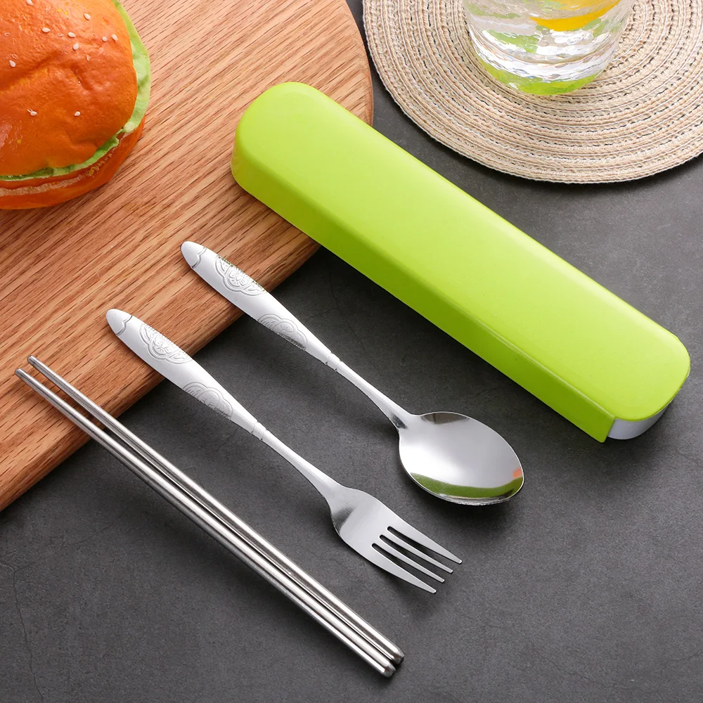 

3PCS Stainless Steel Metal Portable Spoon Fork Chopsticks Travel Outdoor Dinnerware Set Printing Camping Lunch Cutlery With Box