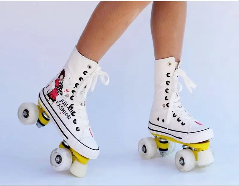 عالية الجودة! زلاجات دوارة حذاء قماش مع عجلات فلاش خط مزدوج الزلاجات الكبار 4 عجلات اثنين خط الأسطوانة أحذية التزلج Patine