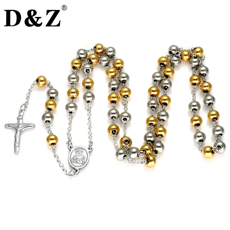 

D&Z Gold Color Two Tone Bead Chain Rosary Cross Pendant Necklace Stainless Steel Jesus Crucifix Necklace for Christian Jewelry