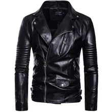 Высококачественная уличная панк осенне-зимняя куртка из искусственной кожи с отложным воротником для мужчин на молнии плиссированная Модная приталенная мужская куртка