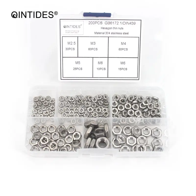 QINTIDES 200 штук шестигранные тонкие гайки M2.5 M3 M4 M5 M6 M8 304 нержавеющая сталь гайка GB6172.1