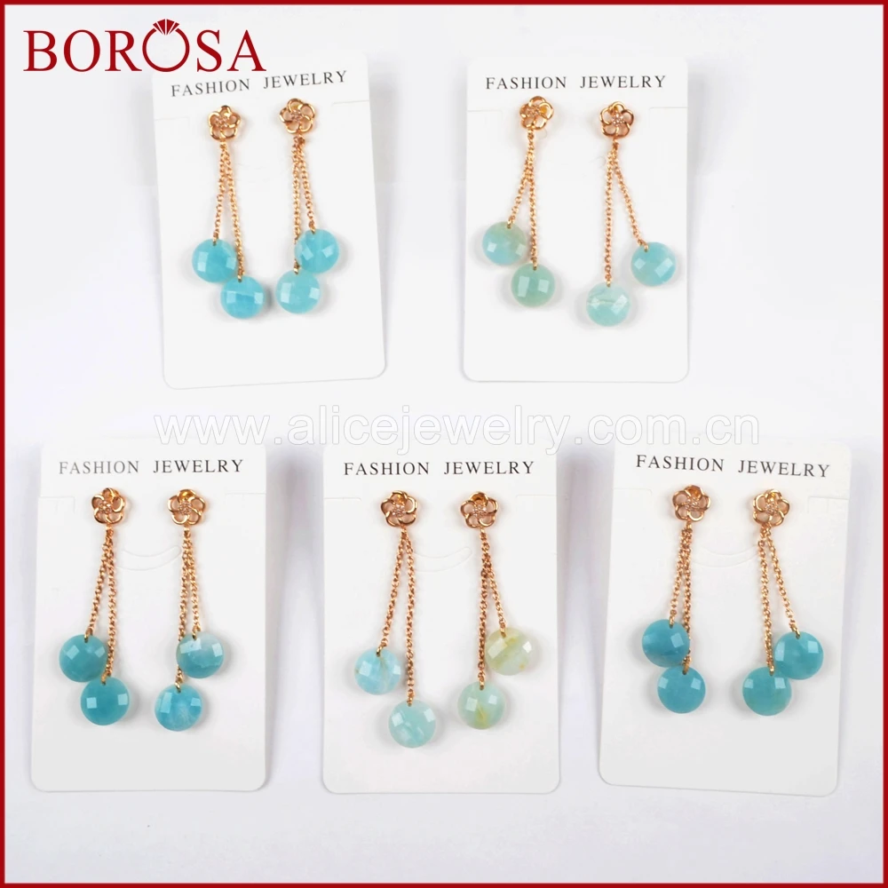 

BOROSA 5Pairs Gold Color Faceted Amazon Stone Dangle Earrings Jewelry Natural Gems Stone Drop Earrings WX951