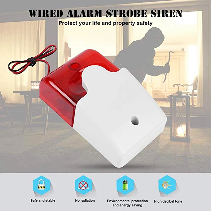 

110dB Mini Wired Flashing Siren Strobe 12V Light Sound Siren Home Alarm Loud Sound Security System Indoor Outdoor 122x73x43mm