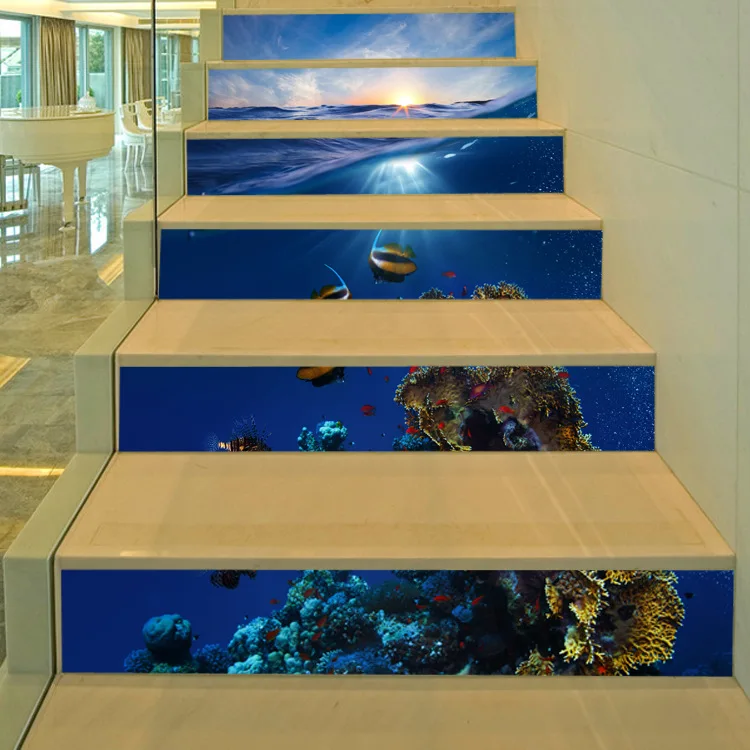 

6Pcs/Set Sea World Fish Stone Stairs Sticker 3D Stair Stickers Waterproof Removable Self-adhesive Wall Floor Decals Murals Art