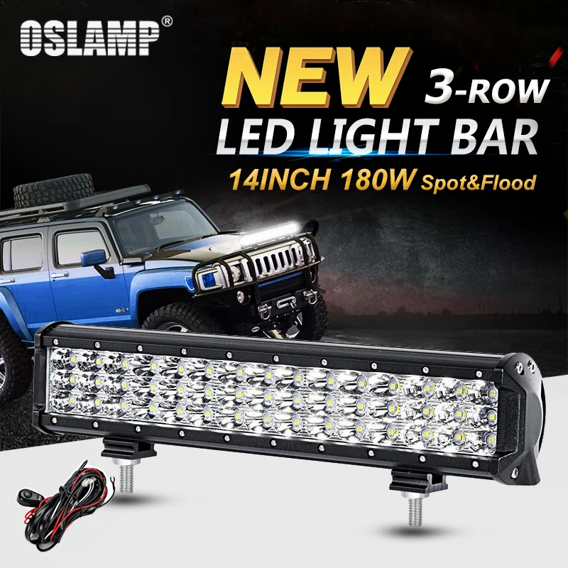 

Oslamp 14inch 180W 3-Row LED Work Light Bar Offroad Led Bar Driving Light Combo Beam 12v 24v for Truck SUV ATV 4x4 Led Work Lamp