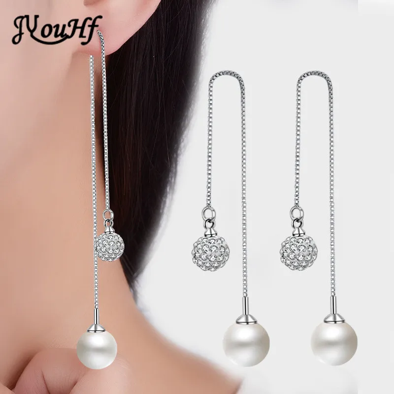 JYouHF Fashion Long Crystal Pearl Balls Pendant Earrings for Women