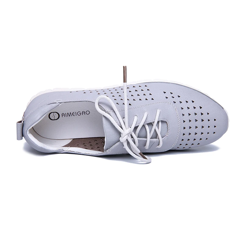 AIMEIGAO 2019 New Lace Up Flats Shoes Soft Leather Comfort Shoes For Women Hollow Out Breathable Casual Shoes Autumn And Spring
