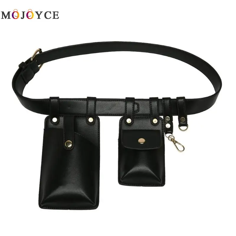 Punk Style Dual Pouch Women Belt Bag Keychain PU Leather Waist Bags Fashion Fanny Pack - Цвет: Черный