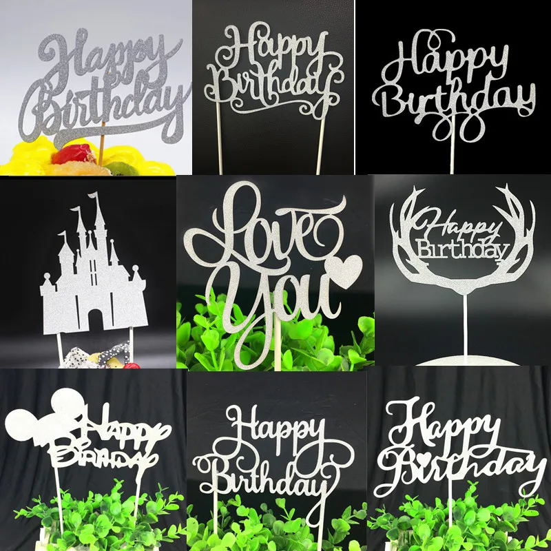 Happy Birthday Cake Topper Flags Party Decor Love you Paper Glitter Cupcake Cake Topper Baby Shower Party Baking Decor Kids