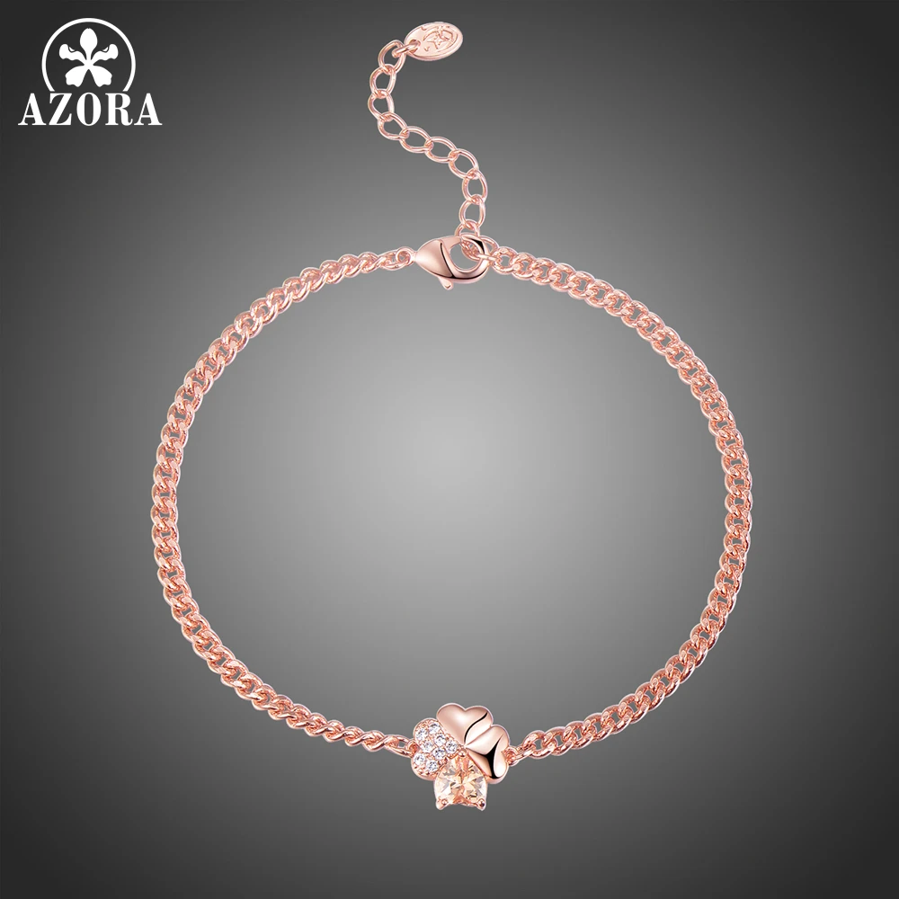 

AZORA Romantic New Rose Gold Color Heart Champagne Cubic Zirconia Flower Chain Link Bangles Bracelets for Women Jewelry TS0199