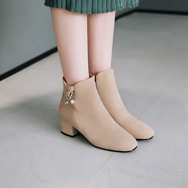 

Big Size 11 12 13 14 Package the heel Medium and thick ankle boots for ladies Side zipper suede Pure color The pearl