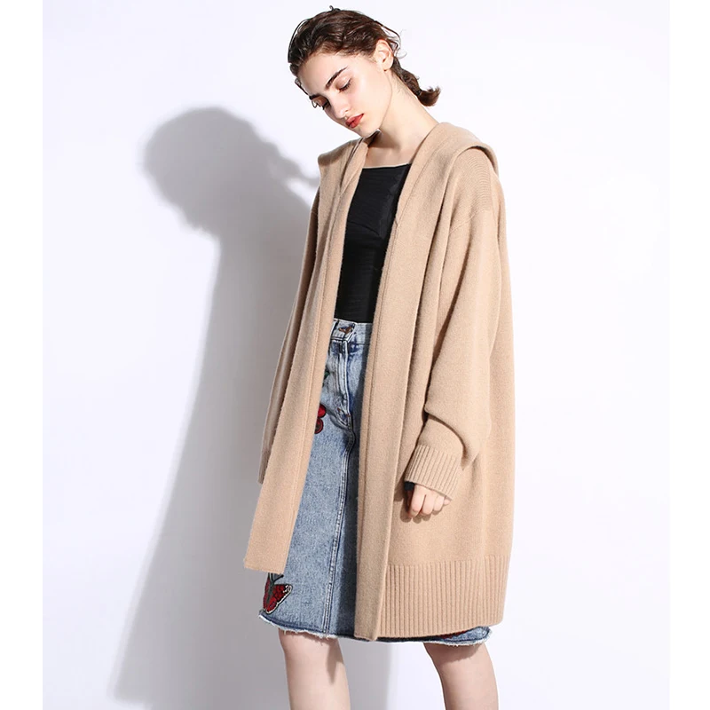 HZYRMY 2018 Autumn Winter New Women' Cashmere Cardigan Fashion Soft Pure color High-Quality Coat Loose With cap Long Warm Jacket