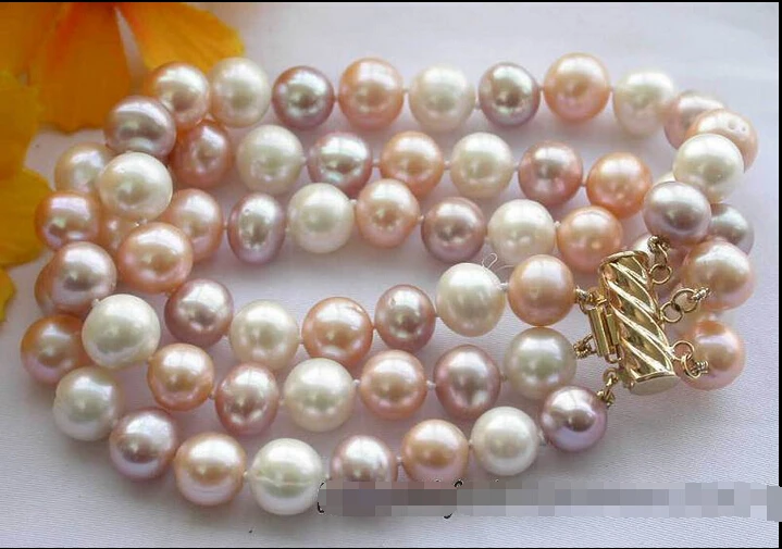 

z2925 3row 10mm white pink purple round freshwater pearl bracelet @^Noble style Natural Fine jewe SHIPPING new >>free shipping