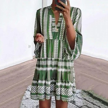 

Summer Women Boho 3/4 Sleeve Dress Sundress Holiday Beach Shirt Dress Ladies Print Beach Mini Dress Pleated Loose Vestidos