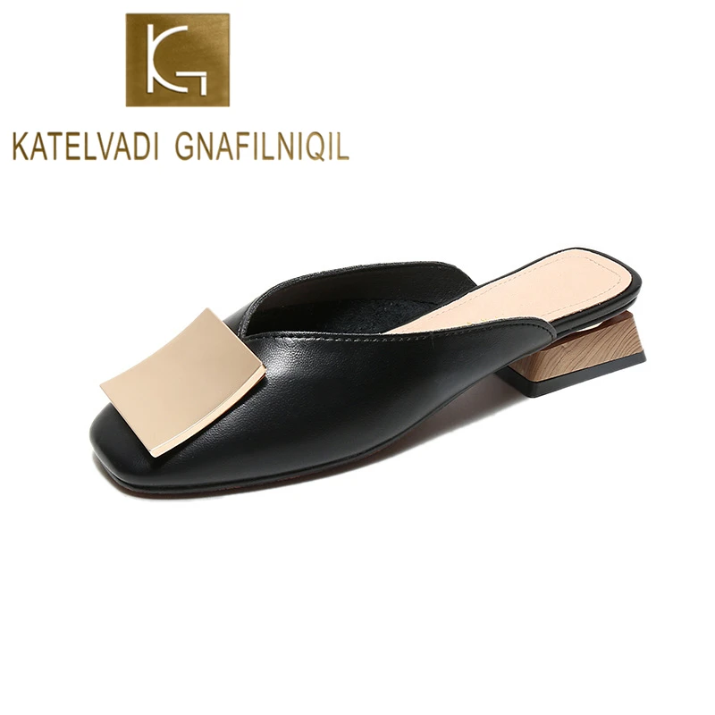 

KATELVADI Women Pumps 3CM Heels Mules Shoes Buckles Decoration Black PU Square Toe Slippers Summer Shoes Big Size 34-43 K-419