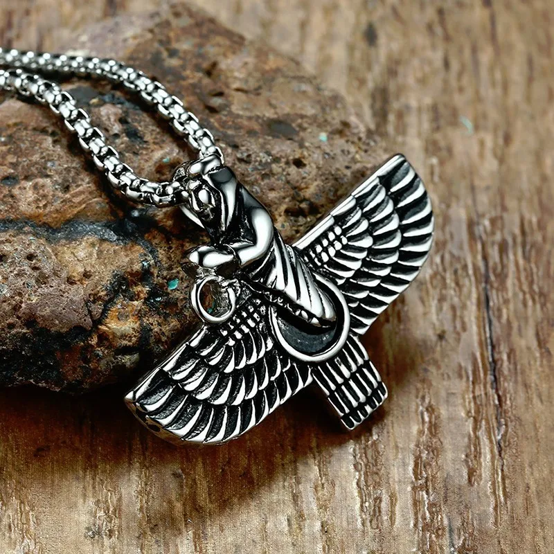 

Persian Iran Farvahar Farohar Zoroastrian Wing Pendant Necklace for Men Vintage Persia Faravahar Pahlavi Steel Male Jewelry 24