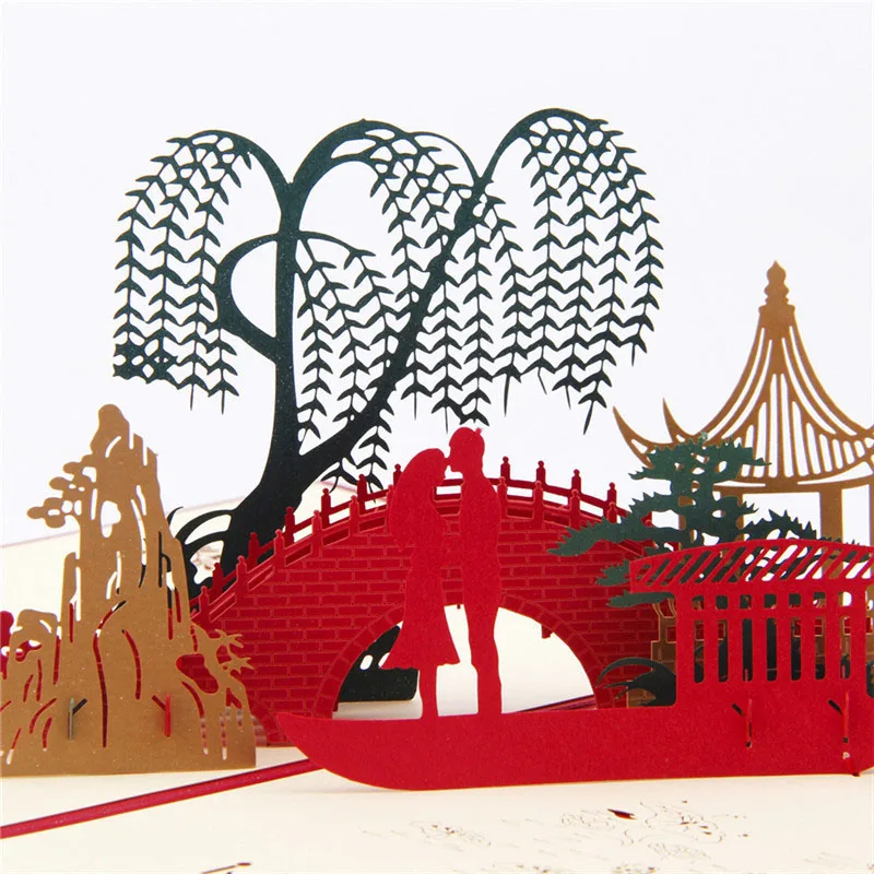  3D Laser Cut Handmade Mountain River Bridge Lover Paper Invitation Greeting Cards PostCard Valentin - 32791626345