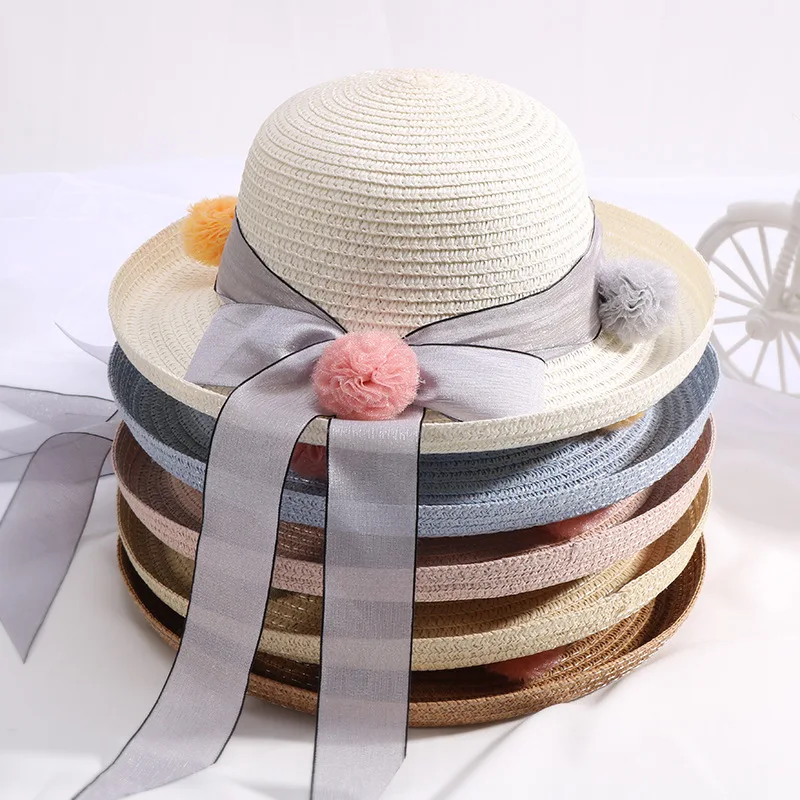 أزياء الفتيات الفتيان قبعات القش الصيف الطفل مرن أحد قبعة الشاطئ قبعة جميلة الأطفال بلون الشريط ديكور كاب للبنين بنات