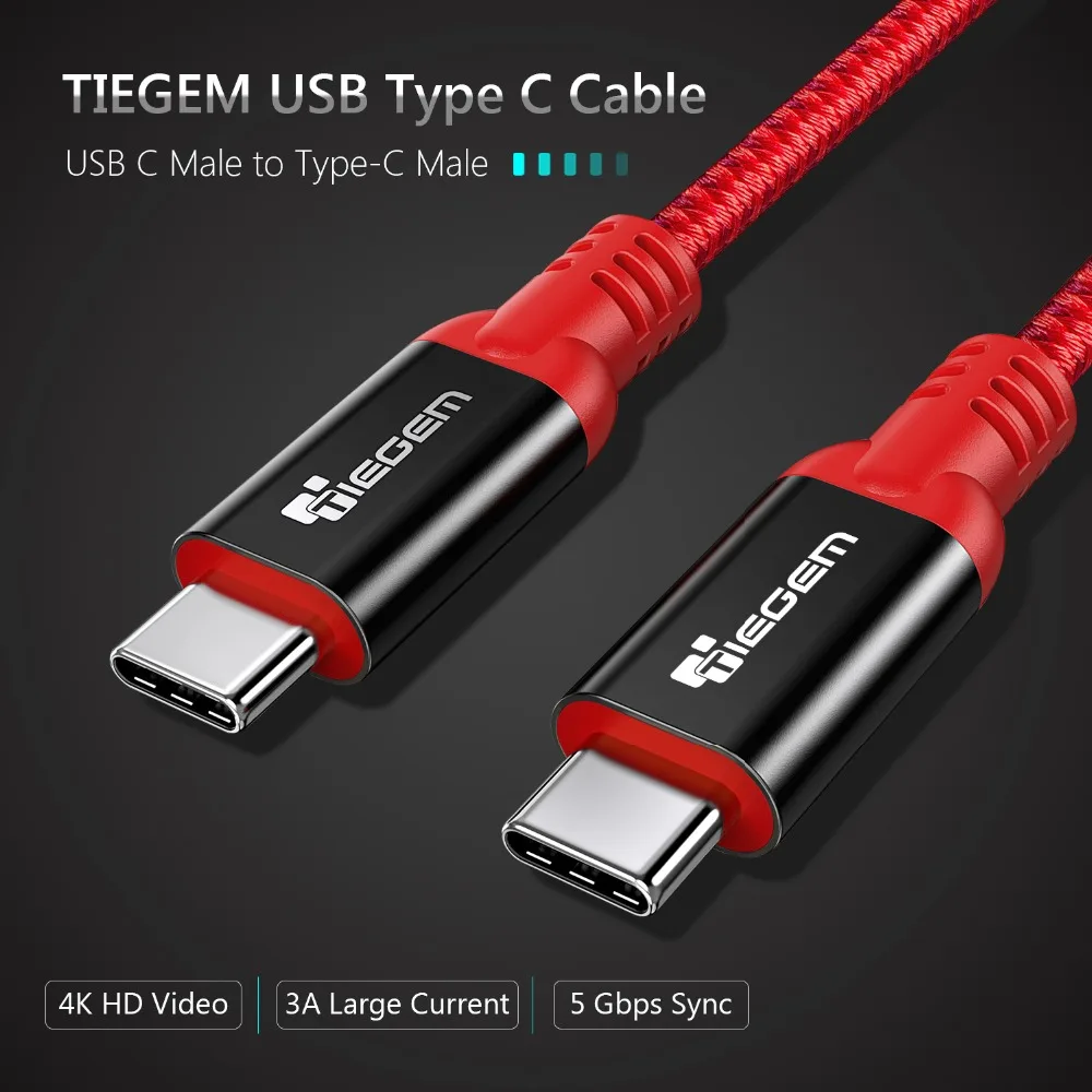 TIEGEM usb type-C кабель 3A USB C-USB-C кабель для samsung Galaxy S9 Xiaomi Быстрая зарядка type-C кабель для Oneplus USB 3,1 шнур