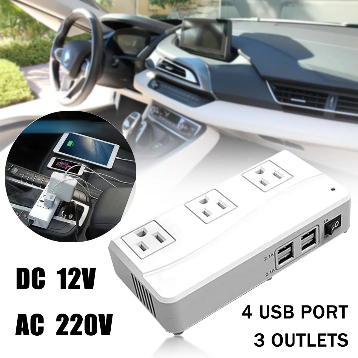 

Car Power Inverter Charger Modified Sine Wave 4 USB Port and 3 Outlets 200W/500 Watts DC to AC For Car Charger