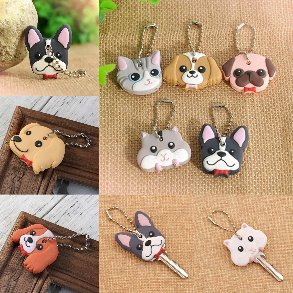 

Fashion Cute Lovely Animal Keychain Soft Rubber Pug Cat Dog Rabbit Key Cover Key Ring Bag Charms Accessory Hot Sale