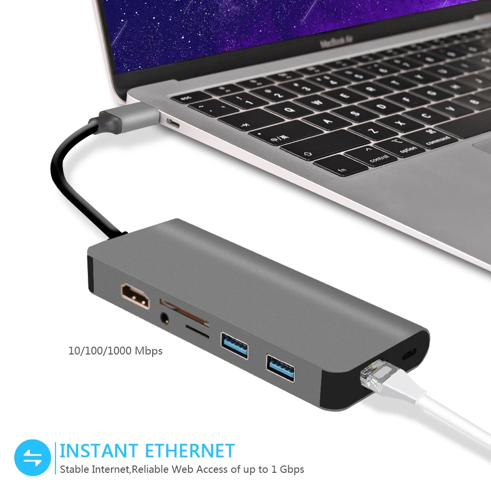 USB C концентратора USB-C к HDMI RJ45 3,5 мм аудио USB 3,0 зарядка PD Порты и разъёмы адаптер для MacBook Air Pro huawei Коврики 20 Тип C концентратора