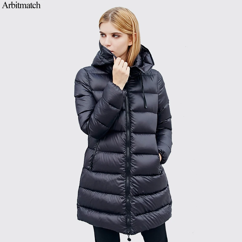 Arbitmatch Moda de Inverno Com Capuz Para Baixo Mulheres Jaqueta Com Zíper de Médio Longo Estilo Quente Grossa 90% de Pato Branco Para Baixo Casacos Outwear Feminino
