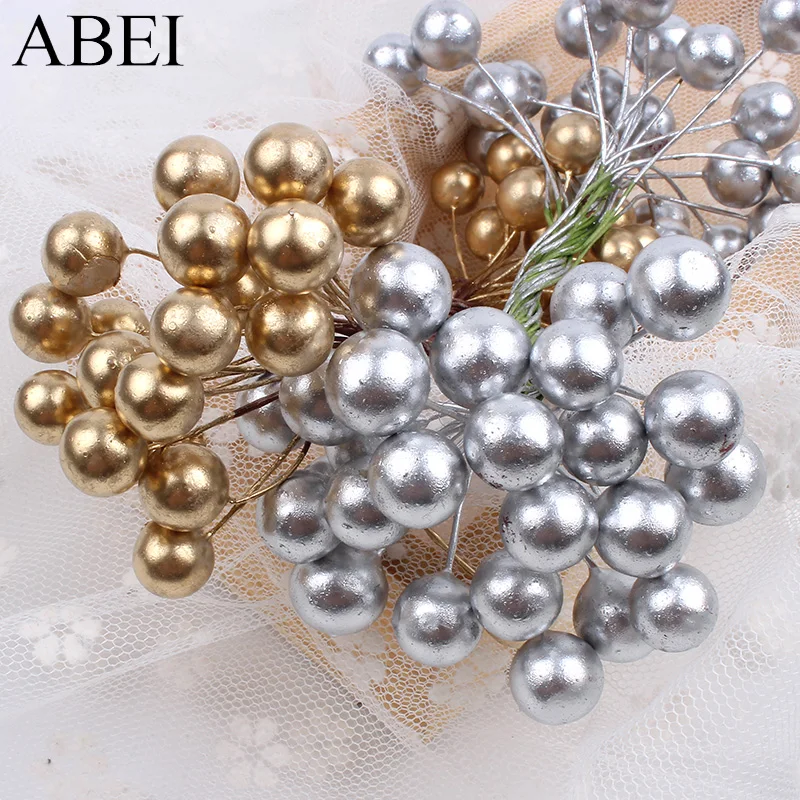 

100pcs/lot 10mm Silver Berries Artificial Flower Stamen Wedding Christmas Decoration Fake Cherry DIY Wreath Garland floral craft