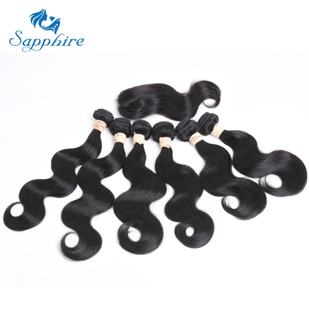 Sapphire Body Wave Remy Human Hair 6 Bundles With Closure 1B# Color For Hair Salon High Ratio Longest Hair PCT 15% Hair Weaving body-wave