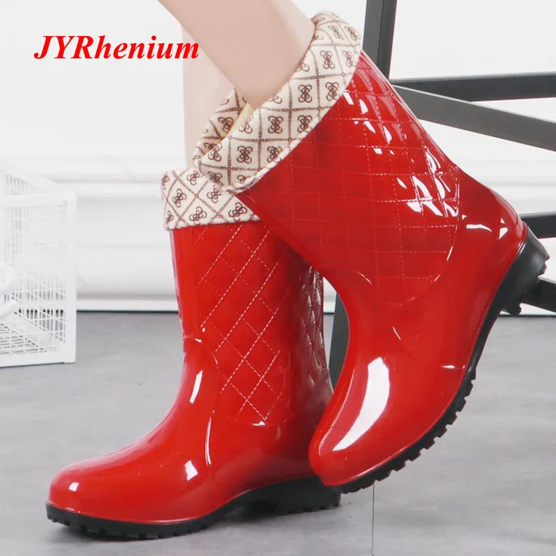 

JYRhenium Ankle Boots Plus Cotton Overshoes Ladies Rain Boots Waterproof Shoes Diamond Pattern Solid Color Women's Rain Boots
