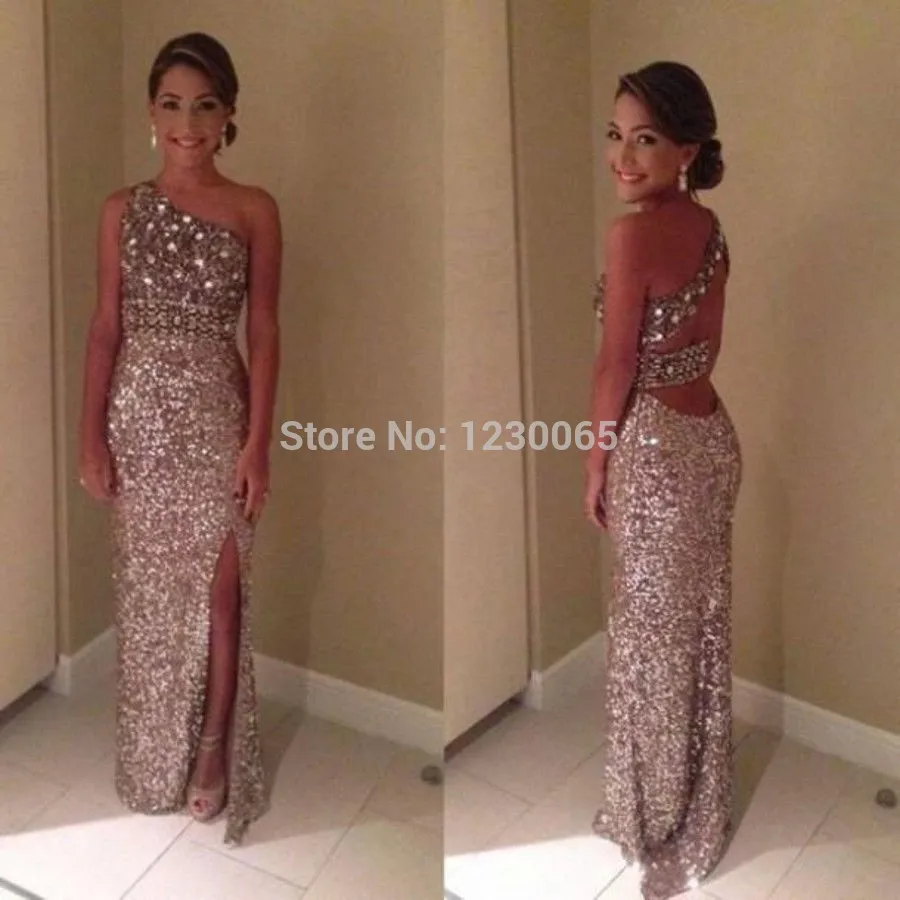 

sequined Vestido de festa New Arrival sexy backless Evening Dress 2015 One Shoulder Beading Floor Length Crystal Prom Dresses