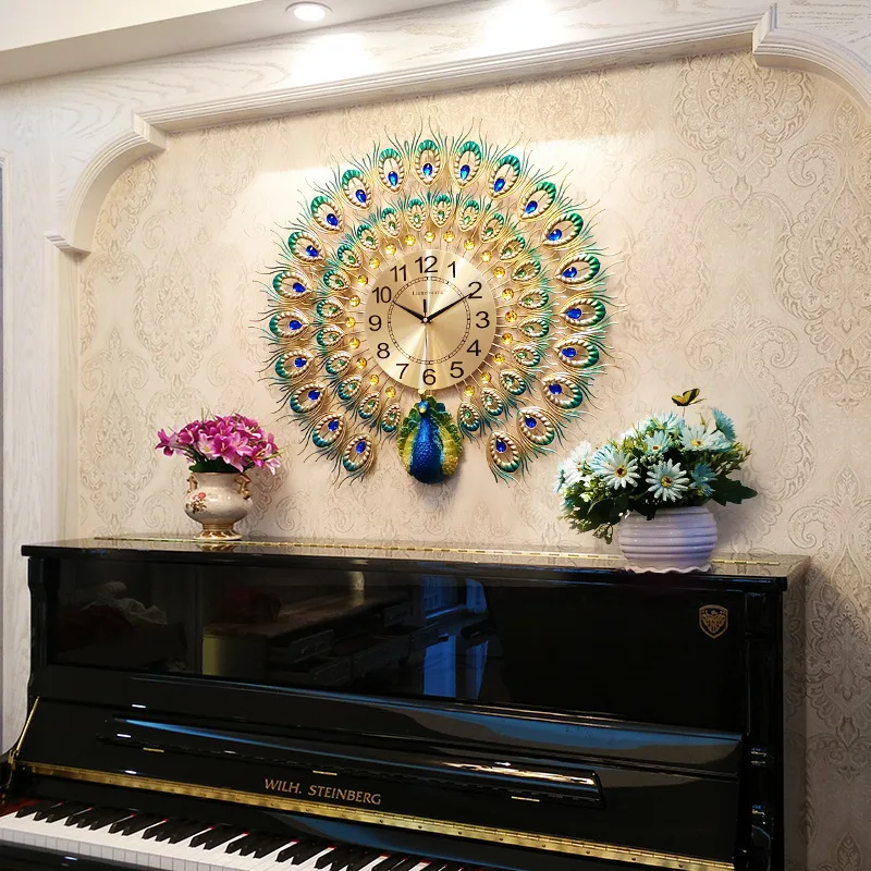 Reloj de pared grande de cristal de pavo real Reloj de pared de diseño moderno reloj de pared de lujo decoración de sala de estar de Casa de cuarzo silencioso duvar saati Reloj de pared grande de cristal de pavo real Reloj de pared de diseño moderno reloj de pared de lujo decoración de sala de estar de Casa de cuarzo silencioso duvar saati